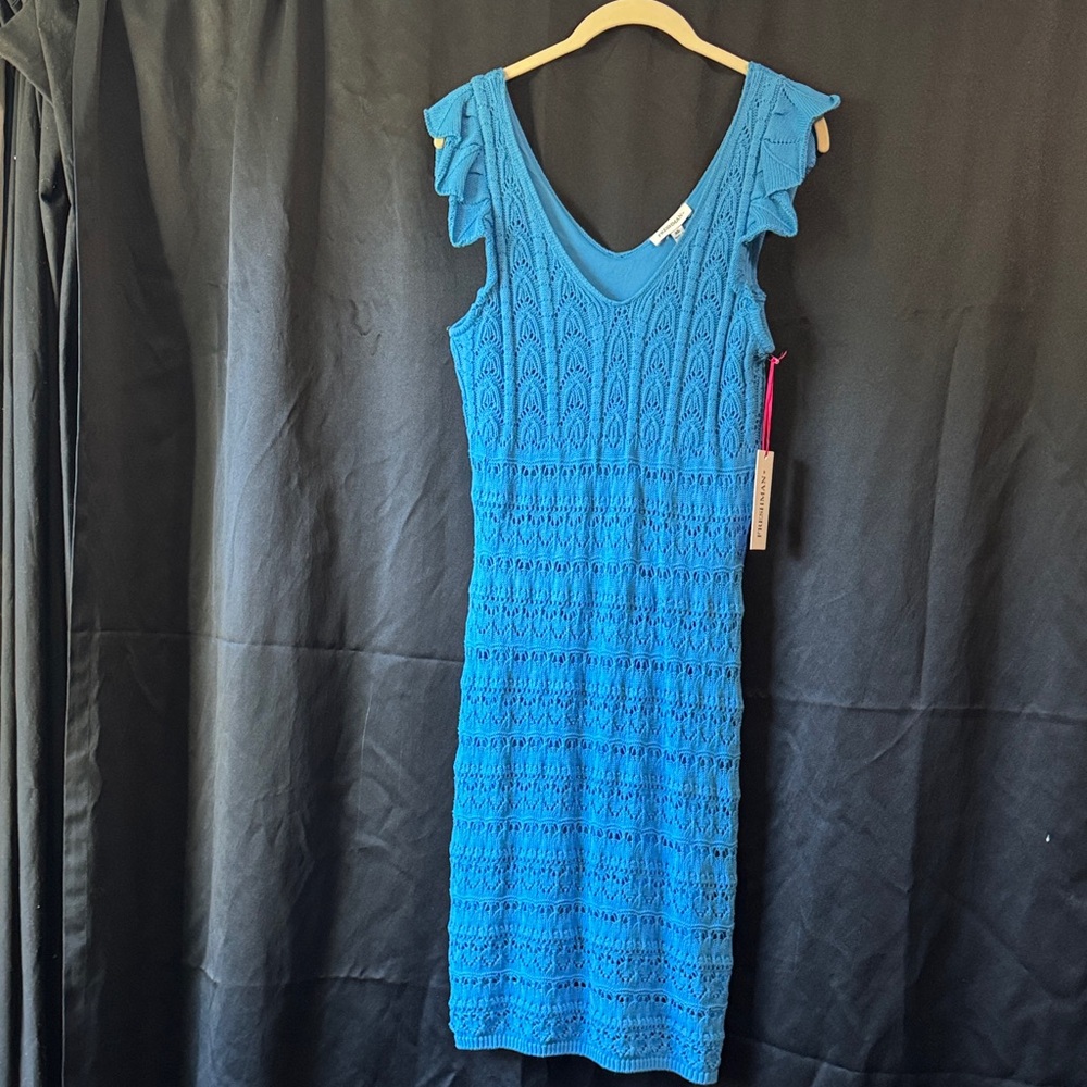 Freshman Bright Blue Crochet Midi Dress with Ruffle Shoulders